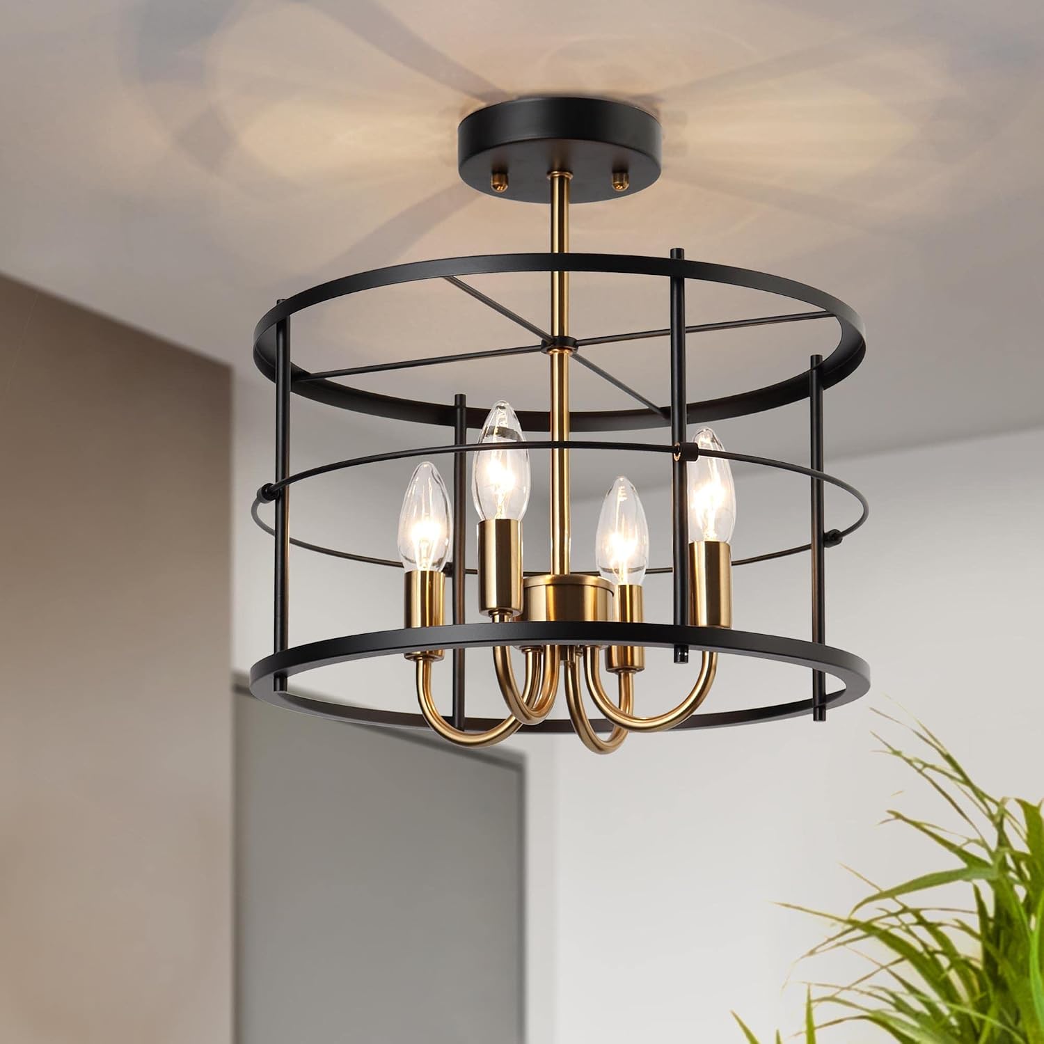 Drum Light Fixture, 4-Light Semi Flush Mount Ceiling Light Fixture, Matte Black and Plated Brass Hallway Light Fixtures
