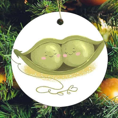Miniatura 5 de Adorno de Navidad 2023, recuerdo de cerámica, decoración de árbol de Navidad, recuerdo redondo, lindos dos guisantes verdes en la cápsula verde,