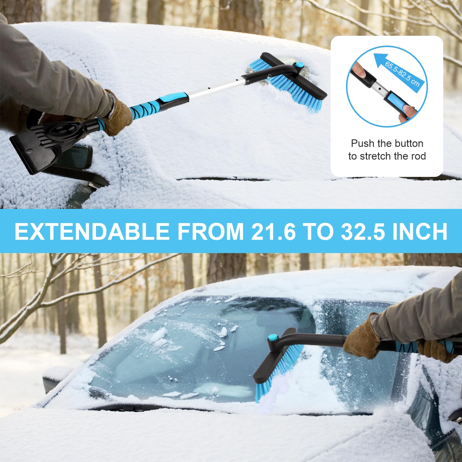 Cepillo de Nieve Extensible 2 en 1 con raspador de Hielo para Parabrisas de Coche, rascador de Ventana de Coche de 33 Pulgadas y Cepillo de Espuma para Quitar Nieve para SUV, Limpiador de