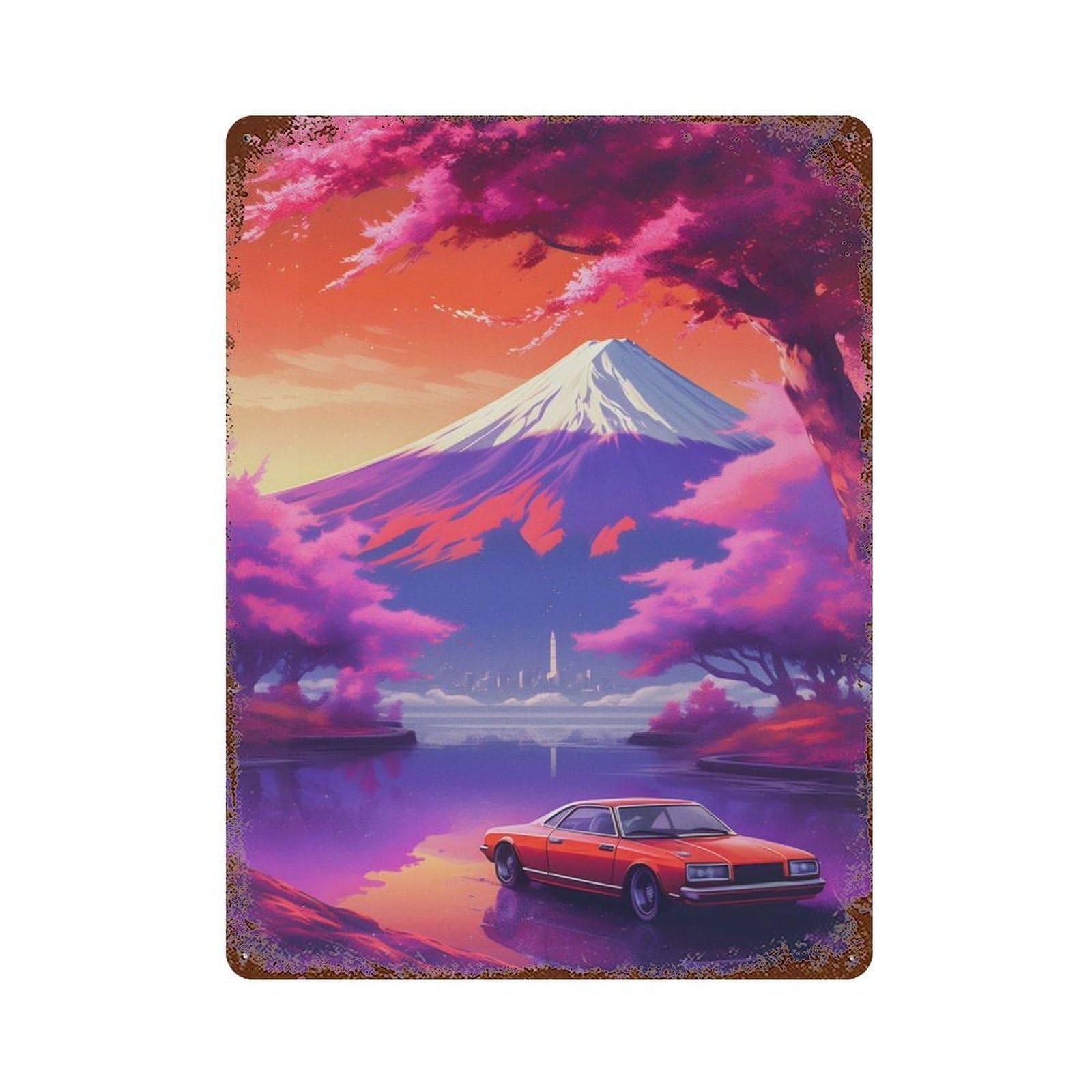 Sunset in Mount Fuji Vintage Rust Metal Sign 15.7"x11.8", Retro Wall Decor for Garage, Pub Or Kitchen