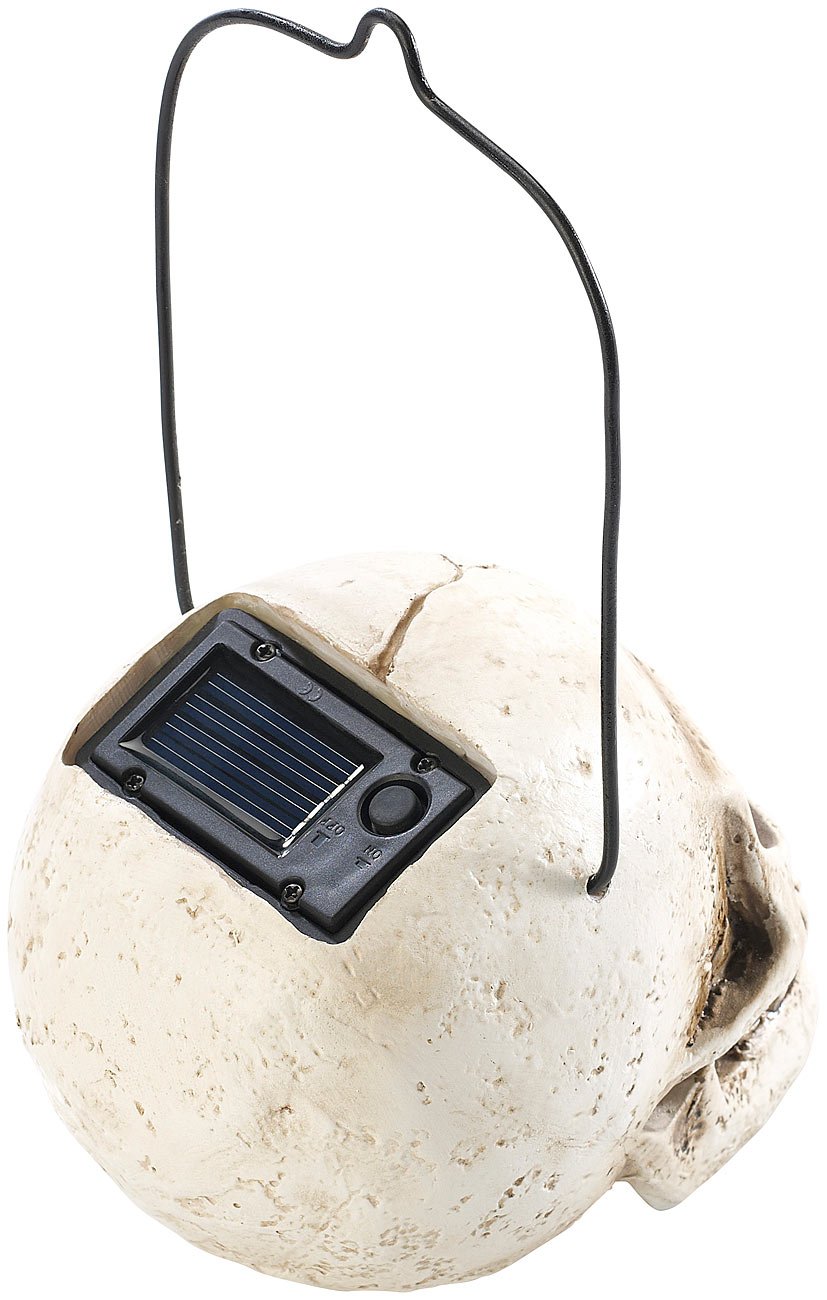 Lunartec Halloween Schädel-Lampe: 3er Pack Halloween Solar Schädel-Leuchte für den Garten, 1 gelbe LED (LED-Dekoration für, Kürbis-Ersatz für Deko, Skelett)