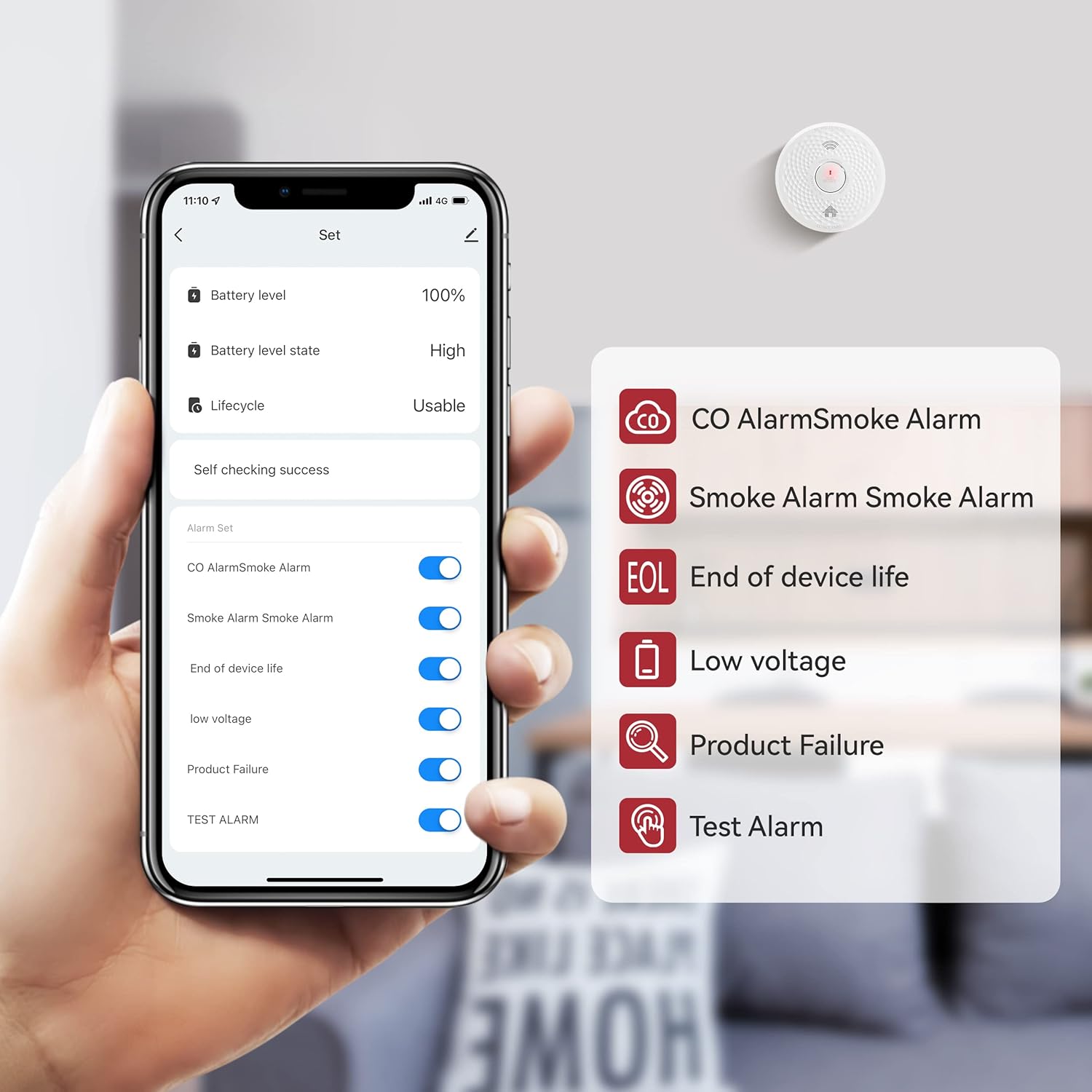 Smartphone screen showing app settings for the detector, including battery level, lifecycle, and toggles for CO alarm, smoke alarm, end of device life, low voltage, and product failure.