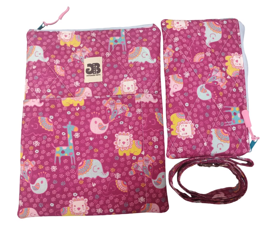 GALBA®. PACK Bata, Babi, Delantal Cruzado de maestra de educacion Infantil ANIMAL FANTASY + Funda Tablet 11" + Estuche Lapices + Lanyard + Llavero + Monedero TALLA M