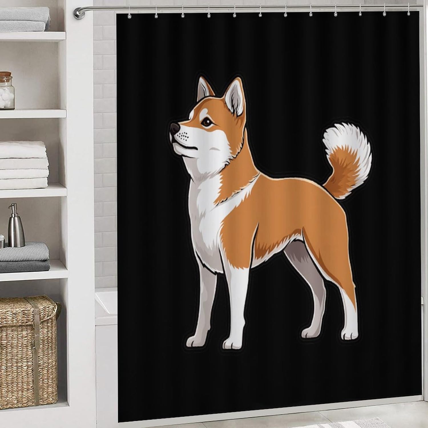 Shiba Inu Dog Bathroom Sets with Shower Curtain and Rugs 4 Piece with U-Shaped Floor Mat Toilet Lid Cover