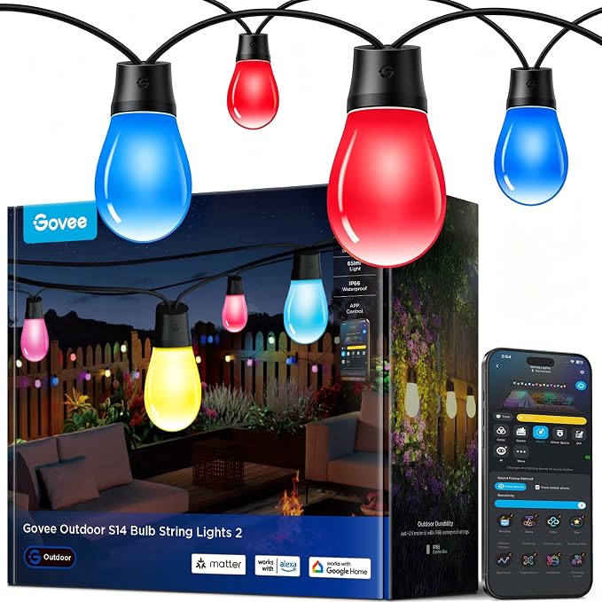 Govee S14 Bulb Outdoor String Lights 2, 144ft Smart RGBIC Warm White Lights with 45 LED Bulbs(3 Ropes of 48ft), 111 Scene Modes for Patio Decor, IP66 Compatible with Alexa, Google, Matter, APP Control