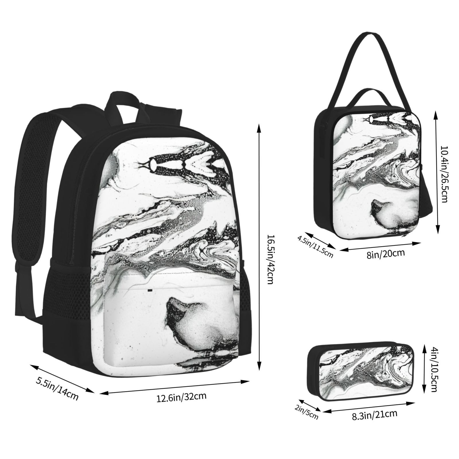 Juego de 3 mochilas escolares con estampado de mármol blanco y negro, mochila para laptop de gran capacidad resistente al agua con bolsa de almuerzo aislada y estuche para lápices para