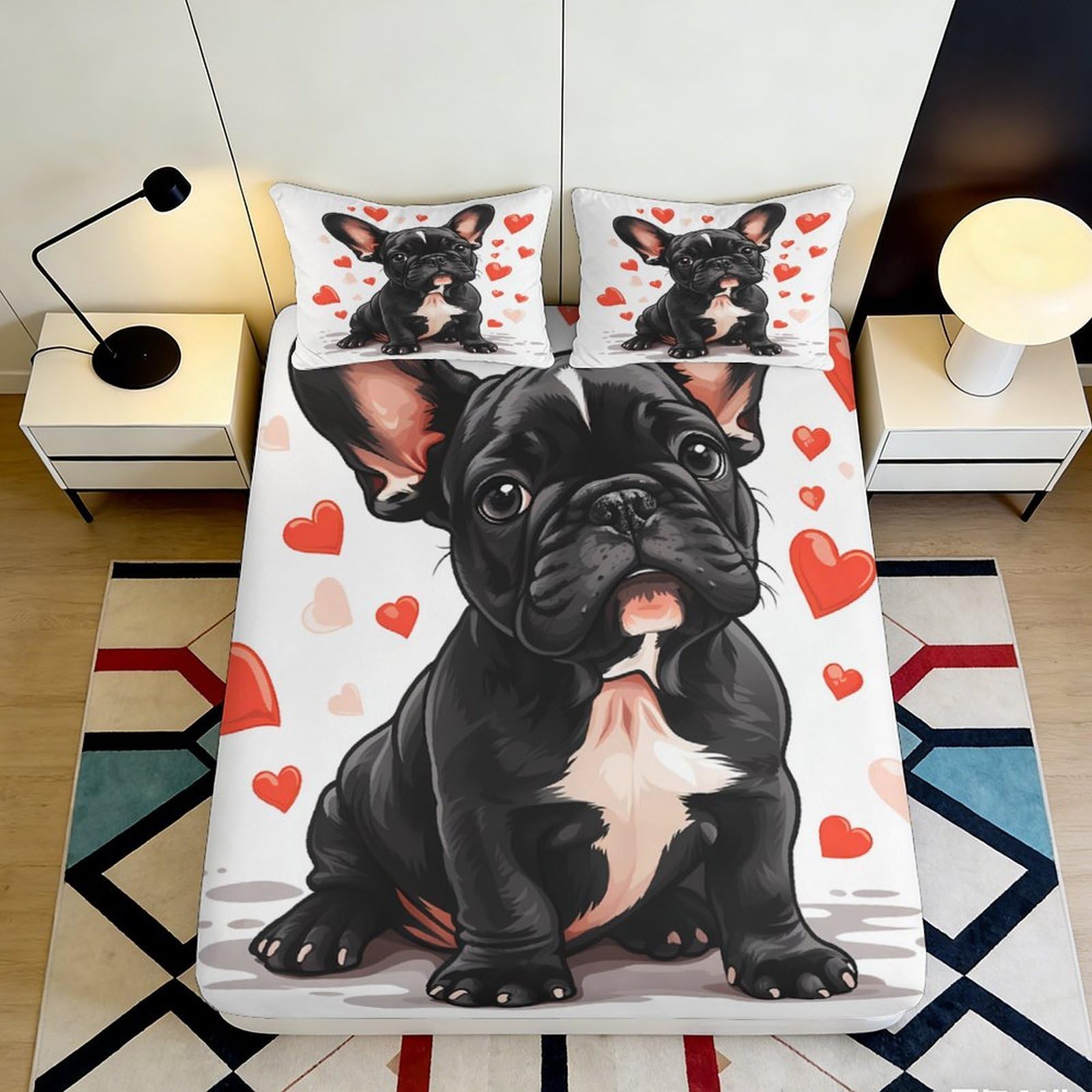 3D Printed French Bulldog Hearts Fitted Sheet Microfiber Soft Breathable Puppy Bed Cover for Bedroom Dormitory Guest Room Protection Decor 180x200x25cm