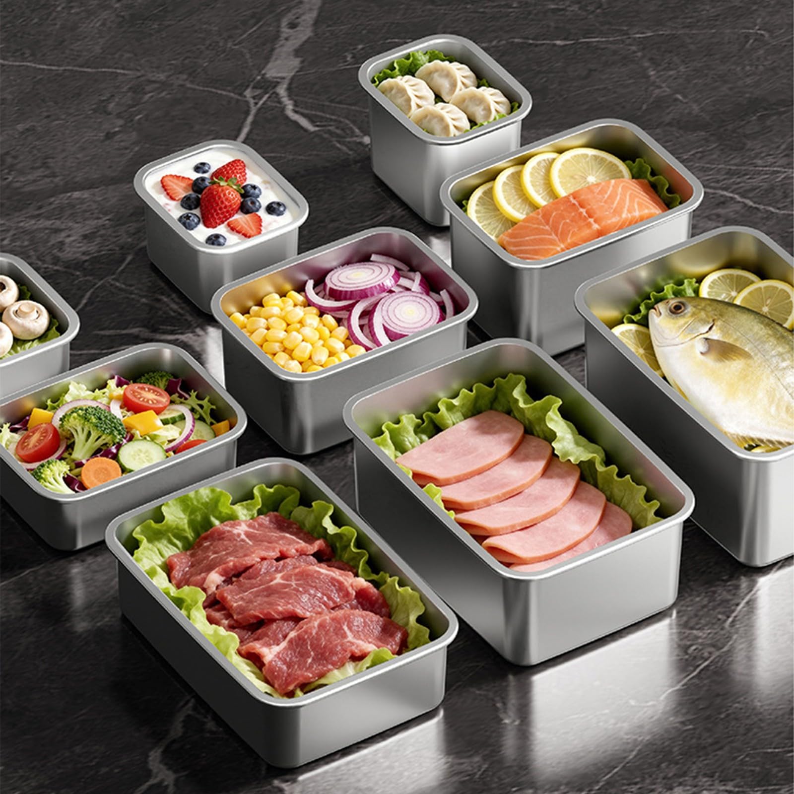 Contenitore per alimenti in acciaio inossidabile, contenitore per alimenti in metallo 304 con coperchio a clip traslucido per la preparazione dei pasti e per l ' uso in frigorifero Contenitore