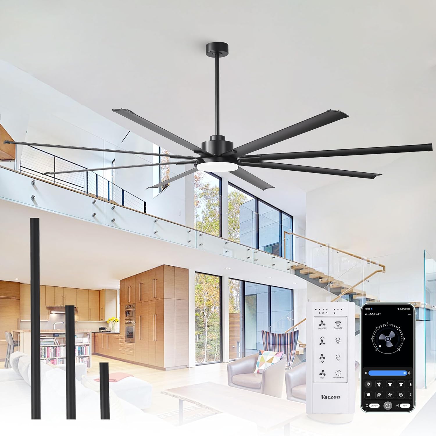 100" Large Ceiling Fan with LED Lights & Remote – 8-Blade Black Fan for Living Room, Bedroom, Dining Room, Patio, Commercial Spaces, Quiet & Energy Efficient, ETL Certified
