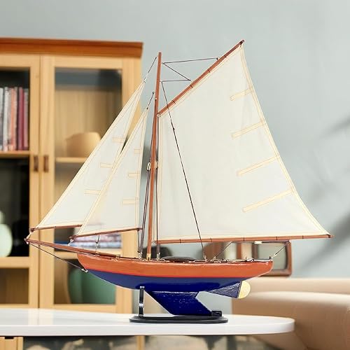 Miniatura 6 de NAUTIMALL 26 "velero de madera modelo Bermuda Sloop hecho a mano náutico moderno barco de yate decoración del hogar (azul)