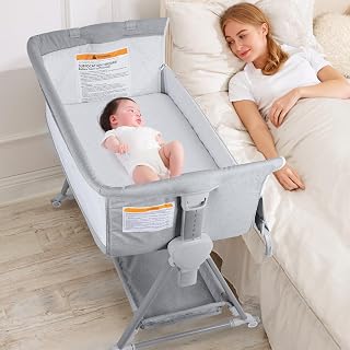 BIERUM Baby Bassinet for Baby - 7 Height Adjustable Bedside Bassinet with Lockable Wheels, Easy to Assemble Portable Bedside Crib with Large Storage Bag & Mattress for Newborn/Infant