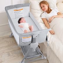 BIERUM Baby Bassinet - 7 Adjustable Height Bedside Bassinet with Lockable Wheels, Easy to Assemble, Portable Bedside Crib with Large Storage Bag & Mattress for Newborns/Infants