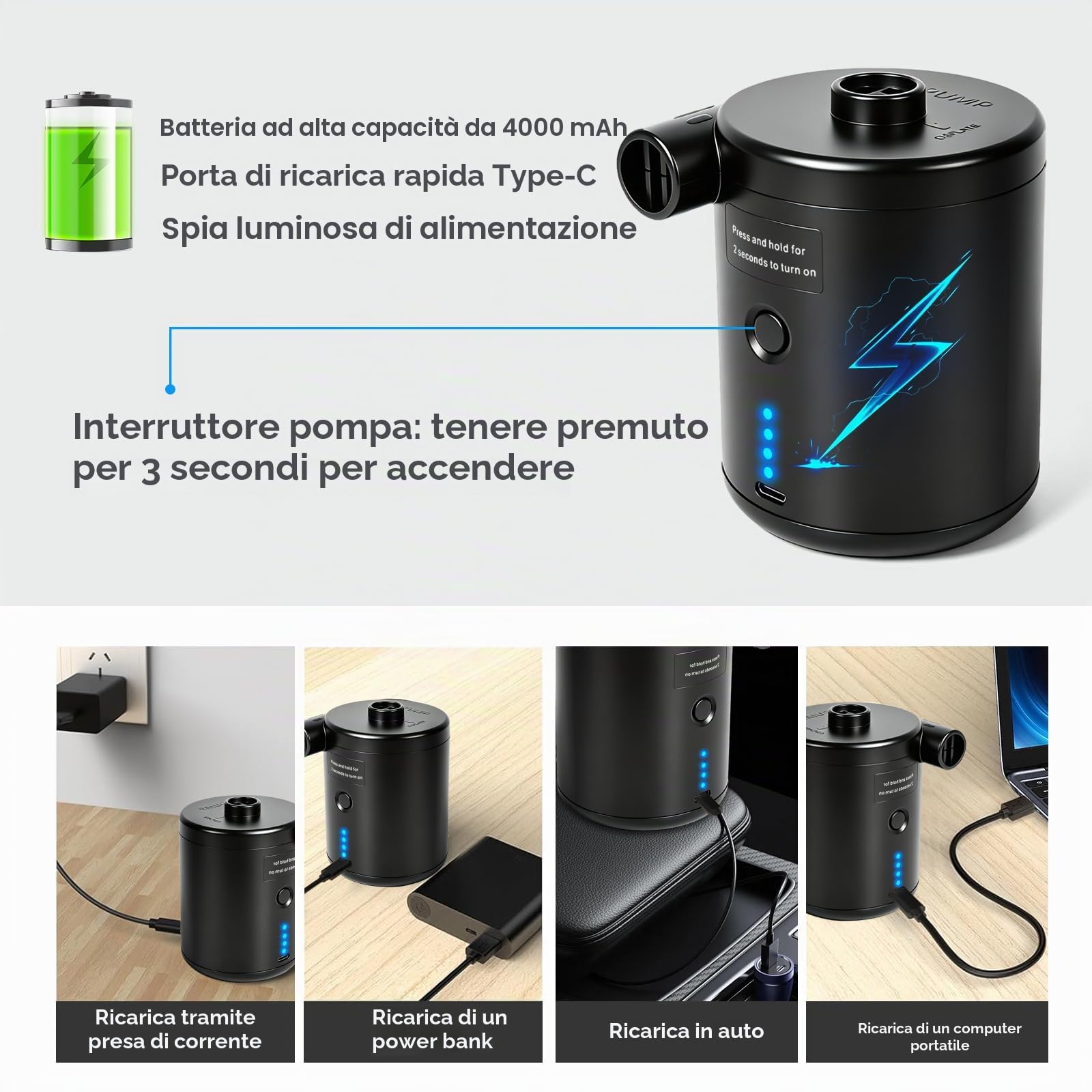 PATEMZON Pompa Elettrica, Pompa Elettrica per Materasso Gonfiabile, 4000mAh Gonfiatore Elettrico Portatile con 3 Ugelli, Gonfiare e Sgonfiare, per il Campeggio All'Aperto, Materasso Ad Aria