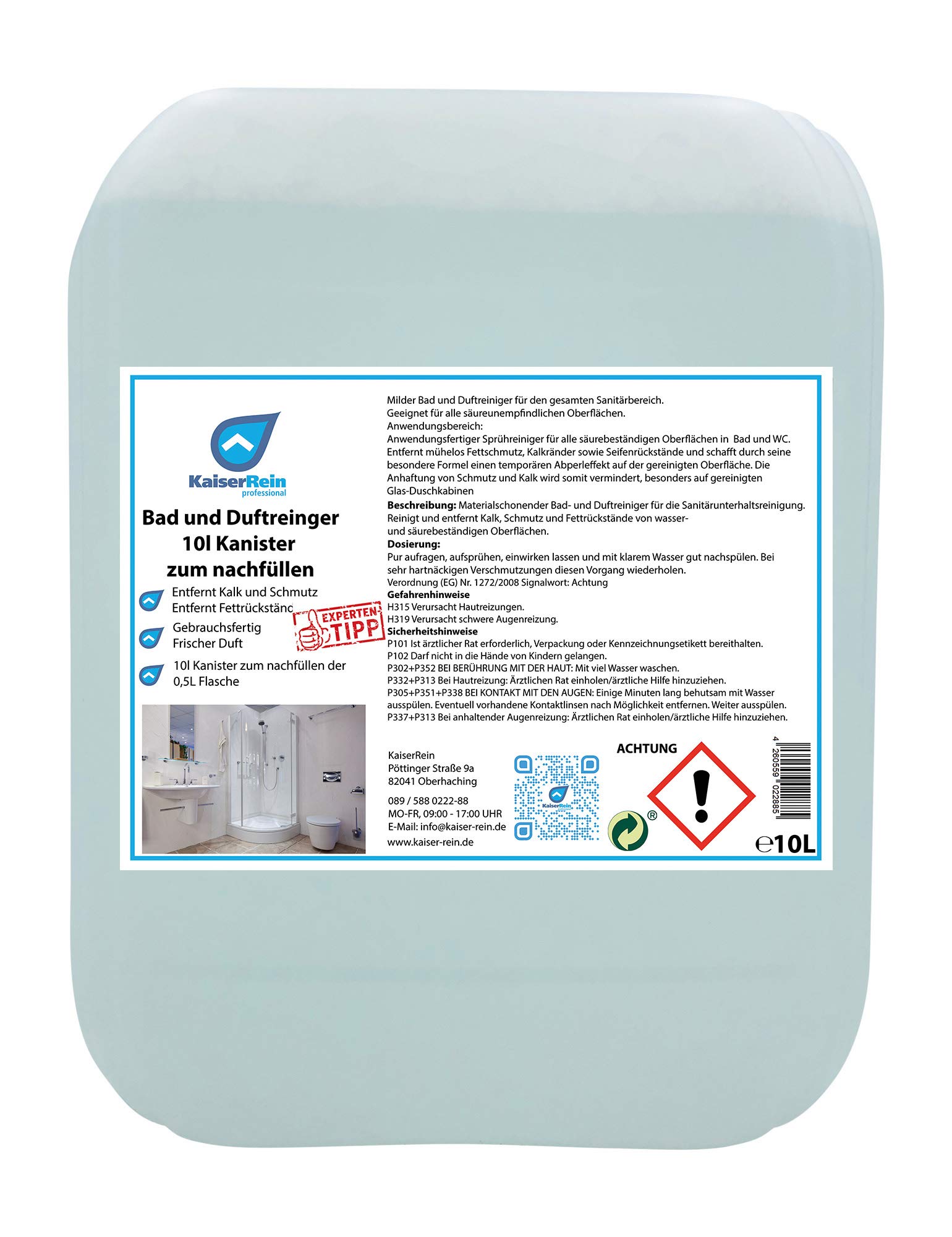 KaiserRein Bad-Reiniger Sanitärreiniger 10 L Kanister reinigt schonend und entfernt Kalk, Schmutz und Fett 10l zum nachfüllen von Spray-Flaschen