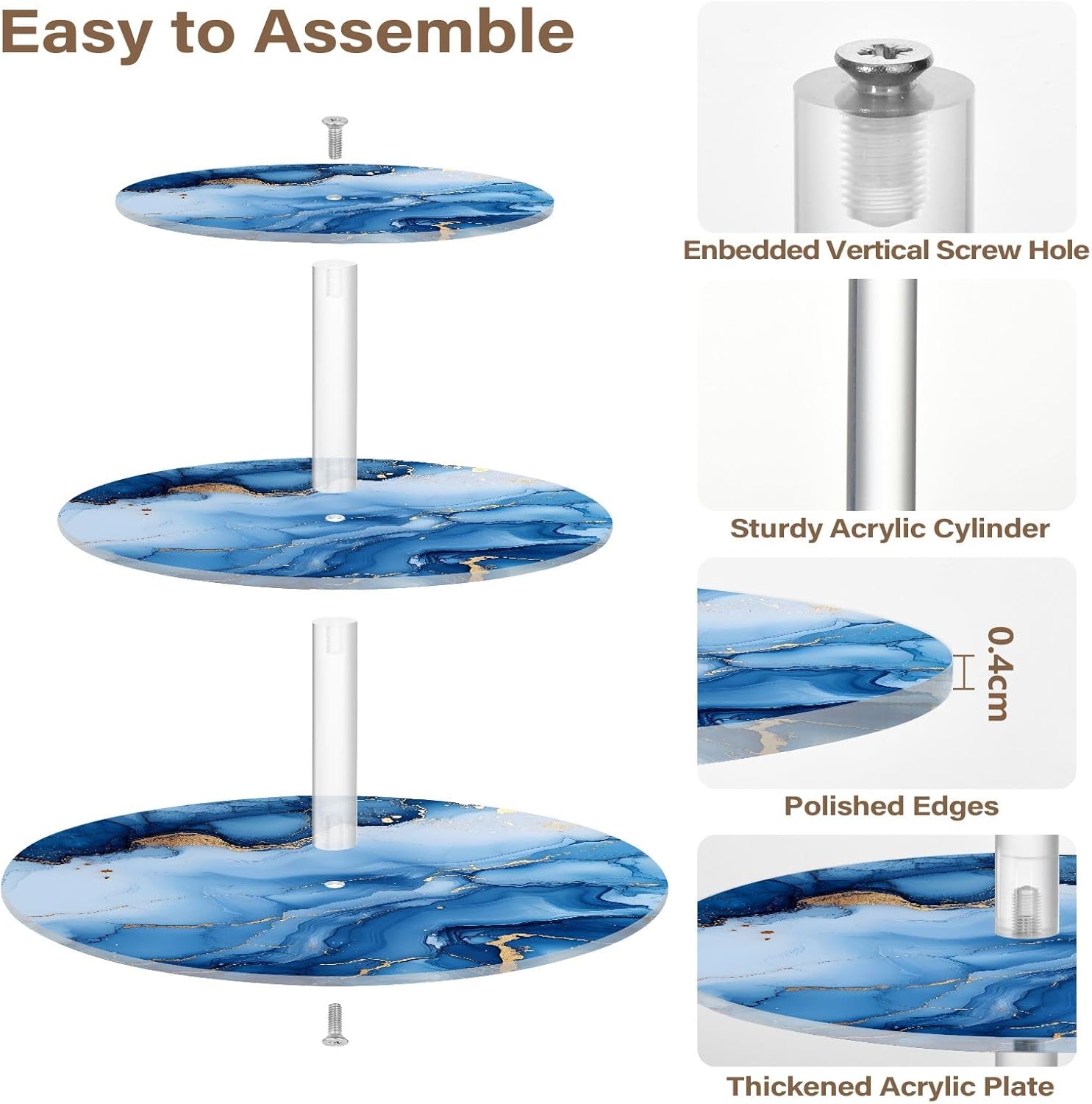 Cupcake Stand 3 Tier Acrylic Dessert Cup Cake Tower Display Blue Marble Stands Holder Round Tiered for Party Wedding