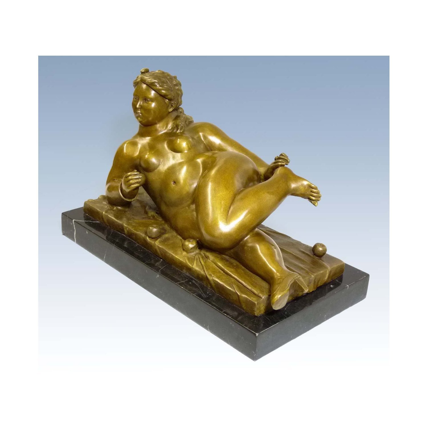 Kunst & Ambiente Liegende Frau mit Äpfeln - Fernando Botero - signiert - Akt Skulptur - Wohndeko - Künstler Figur in Bronze - Bronzefigur