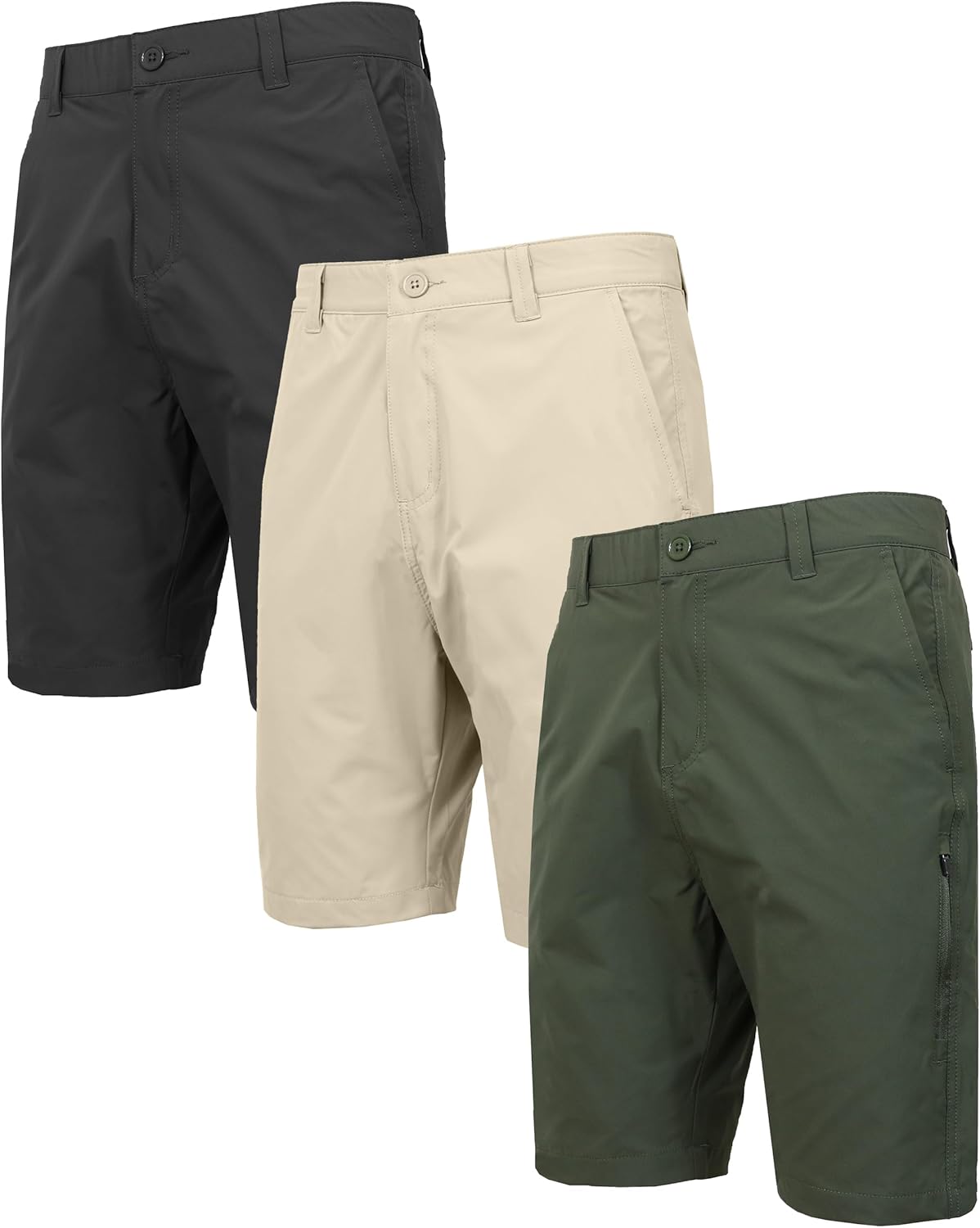 3-Pack Men’s 6-Pocket All Motion Stretch Utility Shorts – Modern Fit, Zipper Cargo Pockets, Button Closure (30-42)