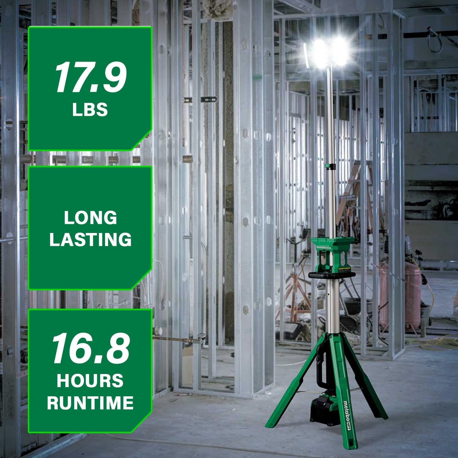 Metabo HPT 18V MultiVolt Cordless 4,000 Lumen LED Tripod Site Light, Water & Dust Resistant, Up to 16.8 Hours Long Lasting Light, 66 LED Lights in 3 Rotatable Panels, Tool Body Only, UB18DGQ4