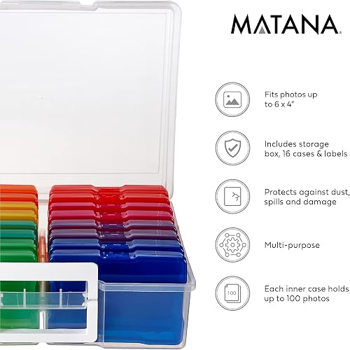 MATANA Grande Boîte de Rangement & Organisateur de Photos avec Étiquettes pour 1600 Photos 4R, Travaux Manuels, Autocollants, Timbres & d'autres Petits Objets - Multifonctionnel & Pratique - 4