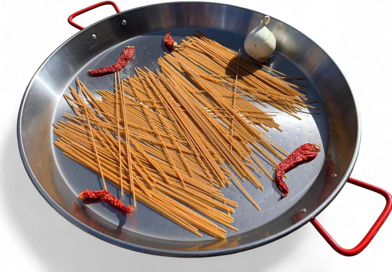 Padella Per Spaghetti All' Assassina Tegame in Ferro Spazzolato, Manici Rossi, per Cottura Tradizionale (34 cm)