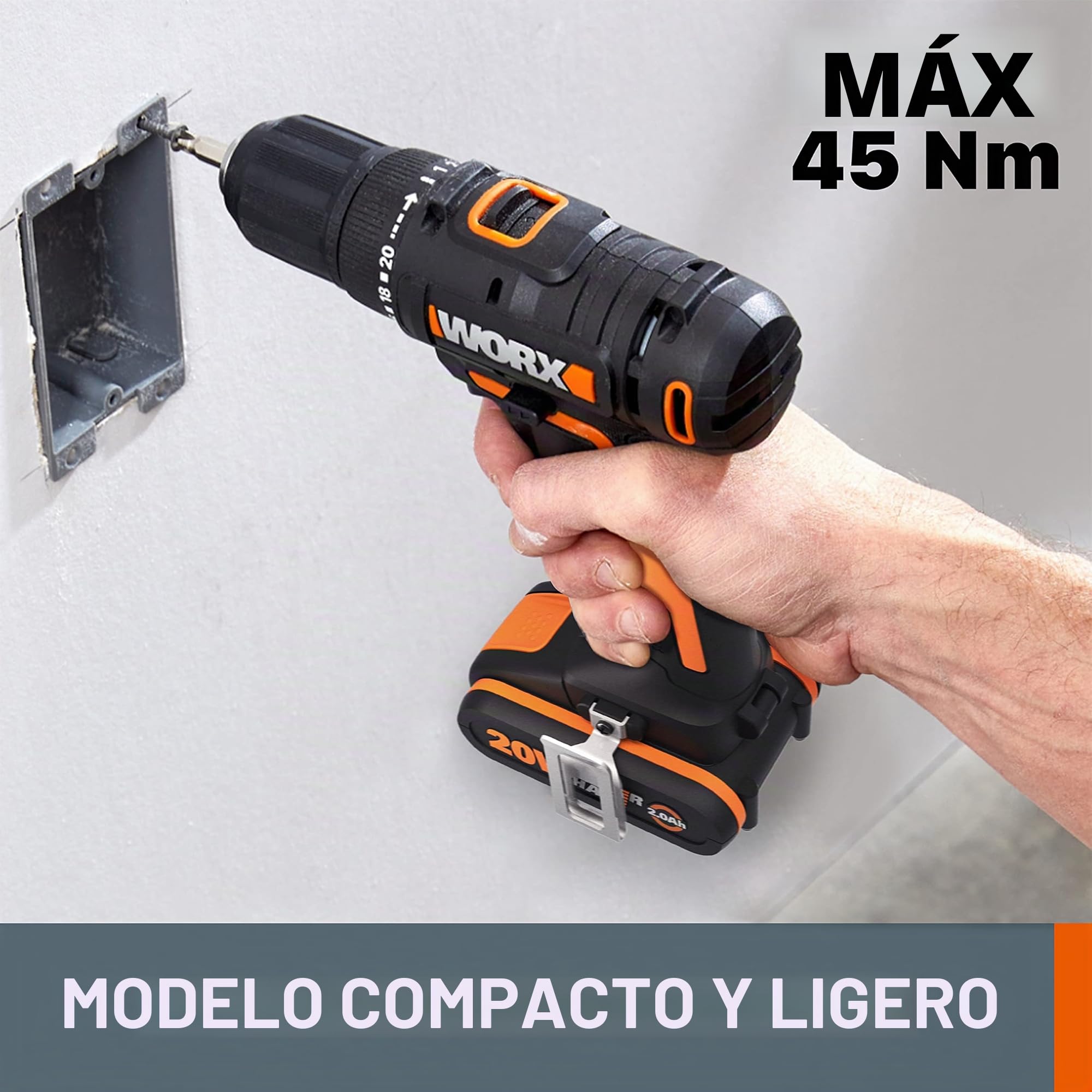 WORX WX108 Taladro Atornillador 20V 2Bat 45Nm | Taladro atornillador 20V PowerShare, 45Nm, portabrocas 13mm. 2 baterías 2Ah + cargador + maletín incluidos.