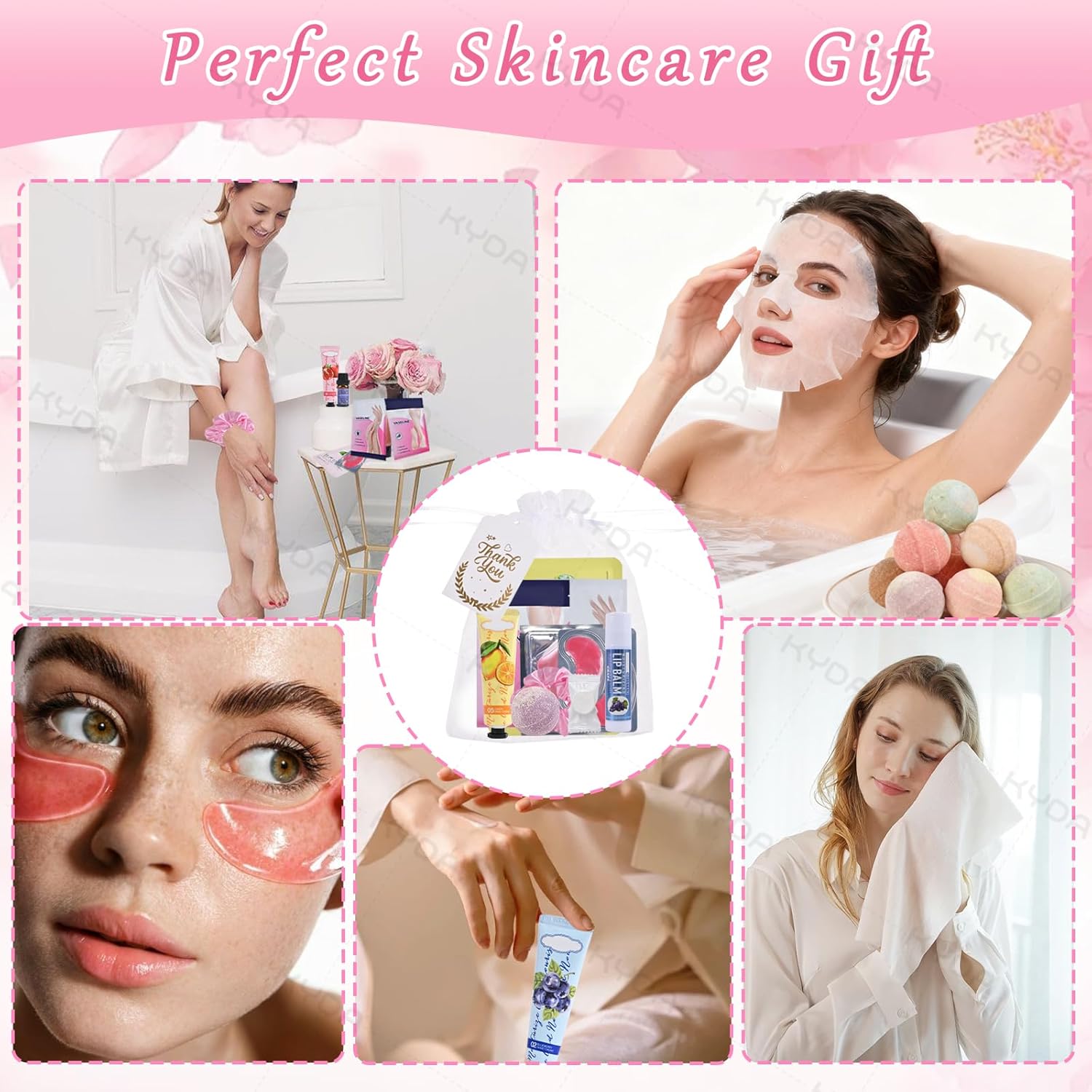 KYDA 78PCS SPA Party Supplies, Face Mask, Hand Cream, Lip Balm, Under Eye Patches, Lip Mask, Foot Bath Bomb, Essential Oil, Hand Mask, Foot Mask and Hair Band, Spa Birthday Sleepover Party Supplies