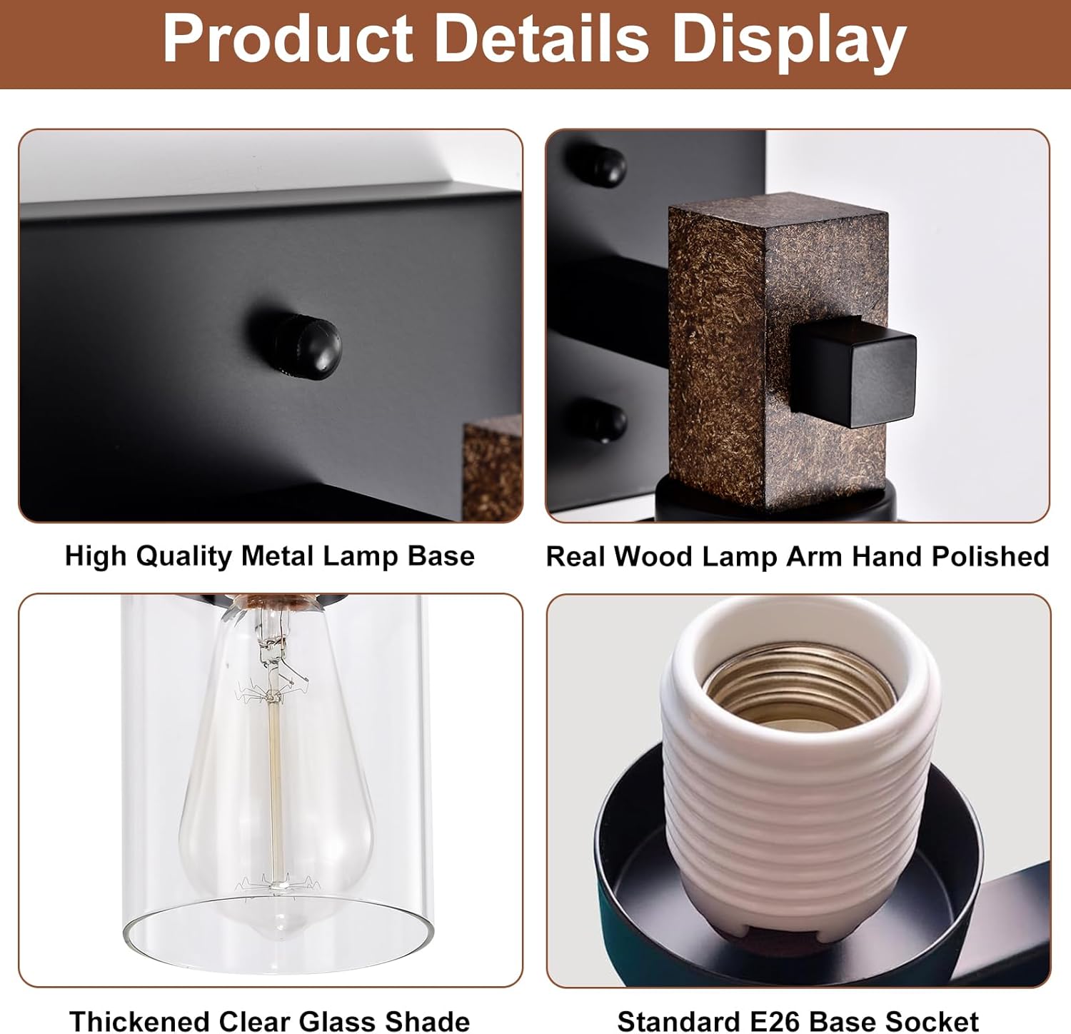 Rustic Wall Sconces, 1-Light Brown Wood Farmhouse Sconce with Clear Glass Cylinder Shade, Matte Black Metal Wall Light, E26 Indoor Bathroom Vanity Fixture for Mirror, Bedroom, Hallway