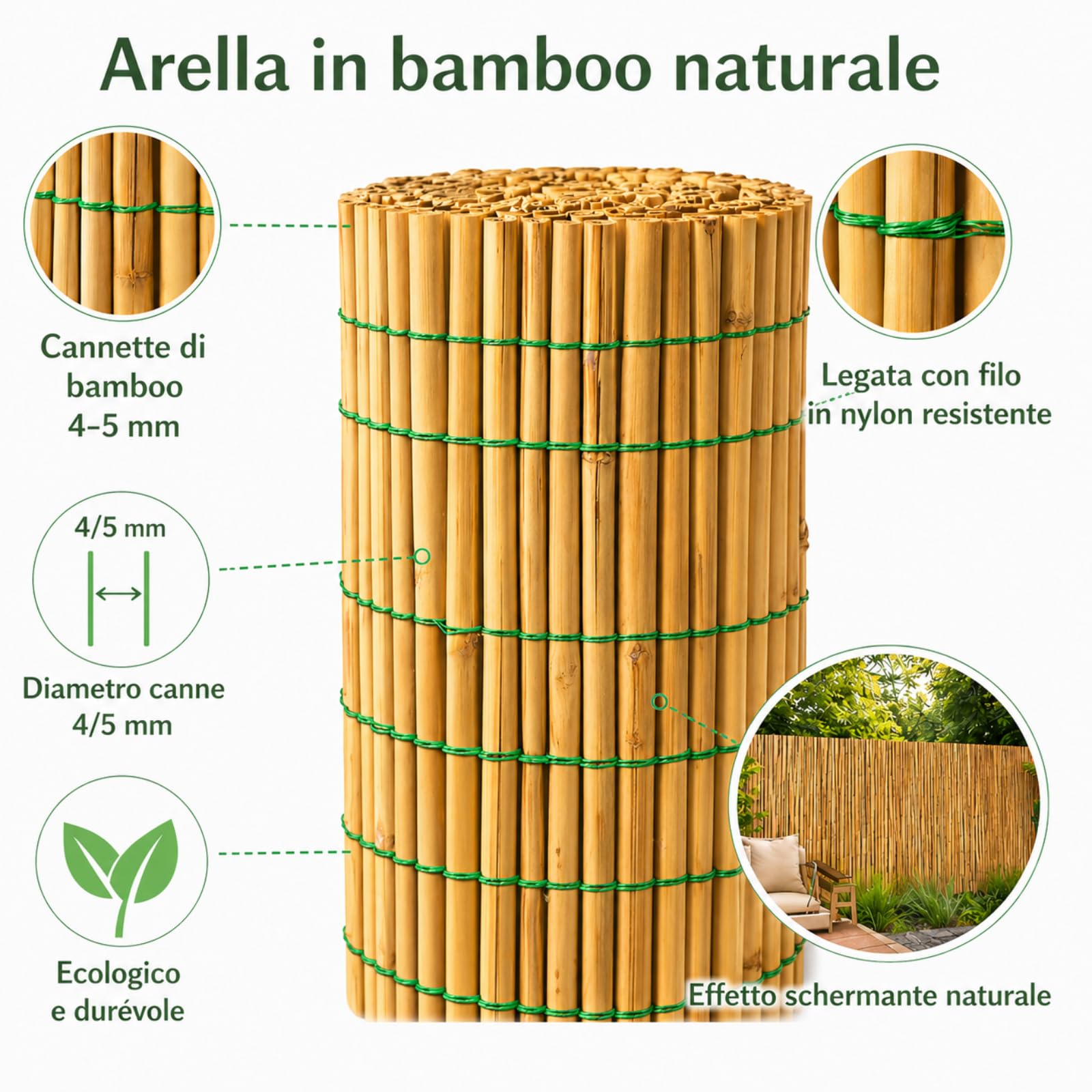 Arella in Bamboo Naturale, In Canne Frangivista per Giardino, Balcone,Piscina e Terrazzo, Cannette 4-5 mm, Filo in Nylon,Stuoia Ombreggiante (2,5x4 mt)
