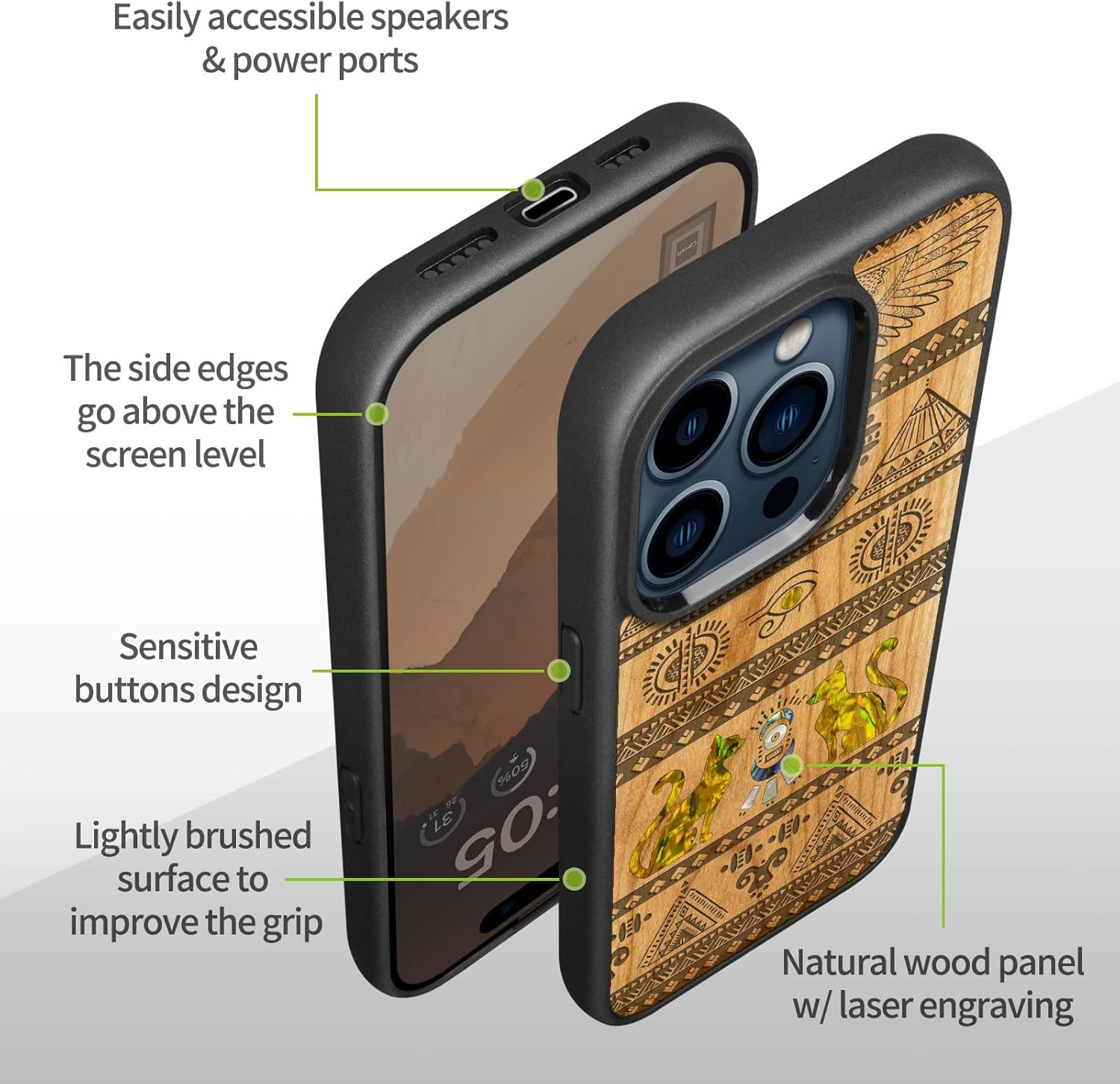 Carveit Wooden Case for iPhone 15 Pro Magnetic Case, Compatible with MagSafe Wireless Chargers, Shockproof Cover, Handmade Shell Inlaid & Wood Artisan Engraved (The Symbols of Egypt) Cherry