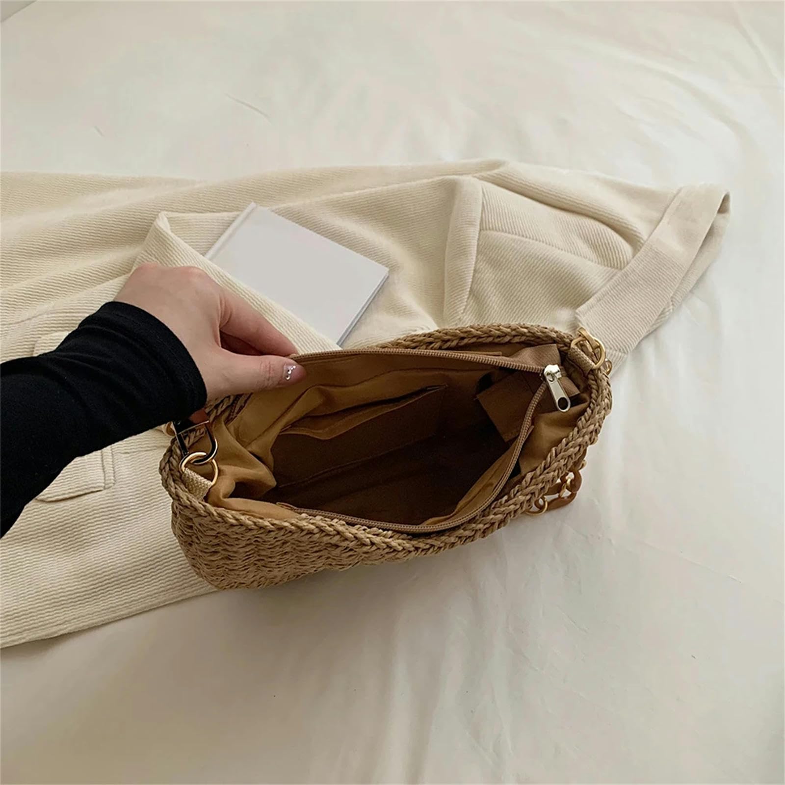 Strohtasche Strohhalm Für Frauen Gewebter Strandtasche Für Sommer Geldbeutel Casual Rattan Female Occine -tasche-beige