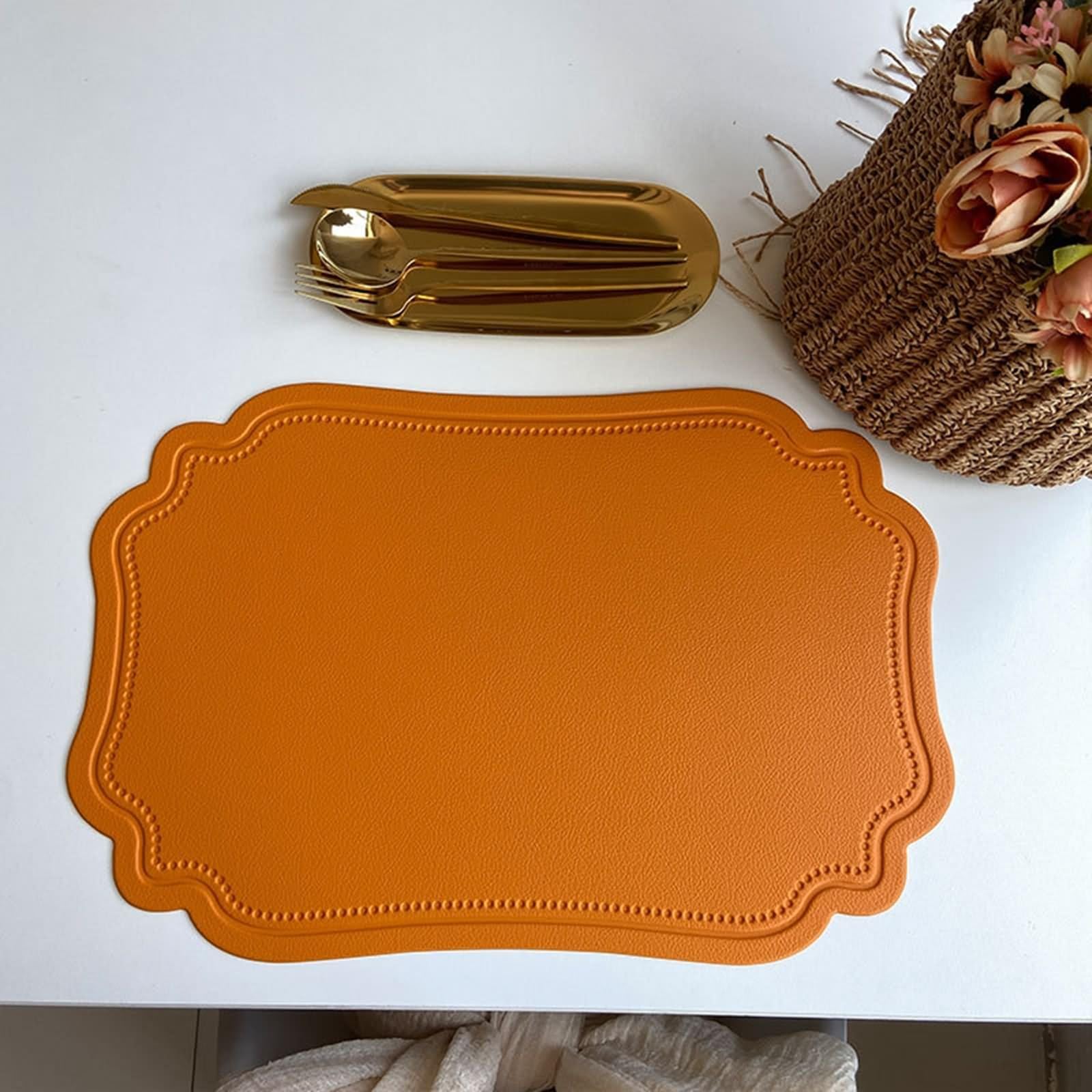 Lot de 6 Set de Table Feuille 30x45cm, Set de Table Orange Couleur Unie Irrégulière Cuir PVC