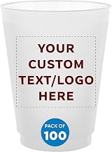 DISCOUNT PROMOS Custom Frosted Plastic Stadium Cups, 100 pack, Promotional Text, Logo, 16 oz. Shatterproof Flexible Reusable Party Cups, Natural