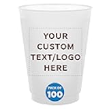 DISCOUNT PROMOS Custom Frosted Plastic Stadium Cups, 100 pack, Promotional Text, Logo, 16 oz. Shatterproof Flexible Reusable Party Cups, Natural