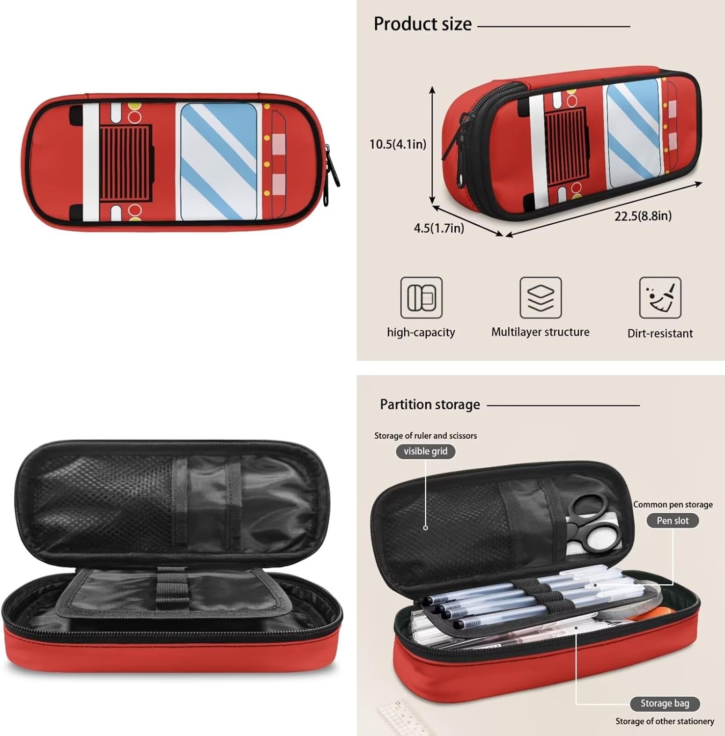 COEQINE Fashion 3D Red Fire Truck Backpack Set Boys Book Bag And Lunch Box Strap Large Capacity Pencil Case With Pen Solt,Red Cool Pattern