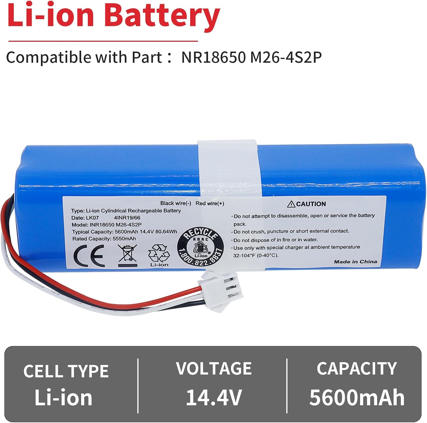Replacement Battery 5600mAh 14.4V 96.48Wh Li-ion for Proscenic M7/M6/M8, Coredy L900, UONI S1/V980, AIRROBO T10+, Onson J30 Pro Robot Vacuum – Compatible with Part ：NR18650 M26-4S2P