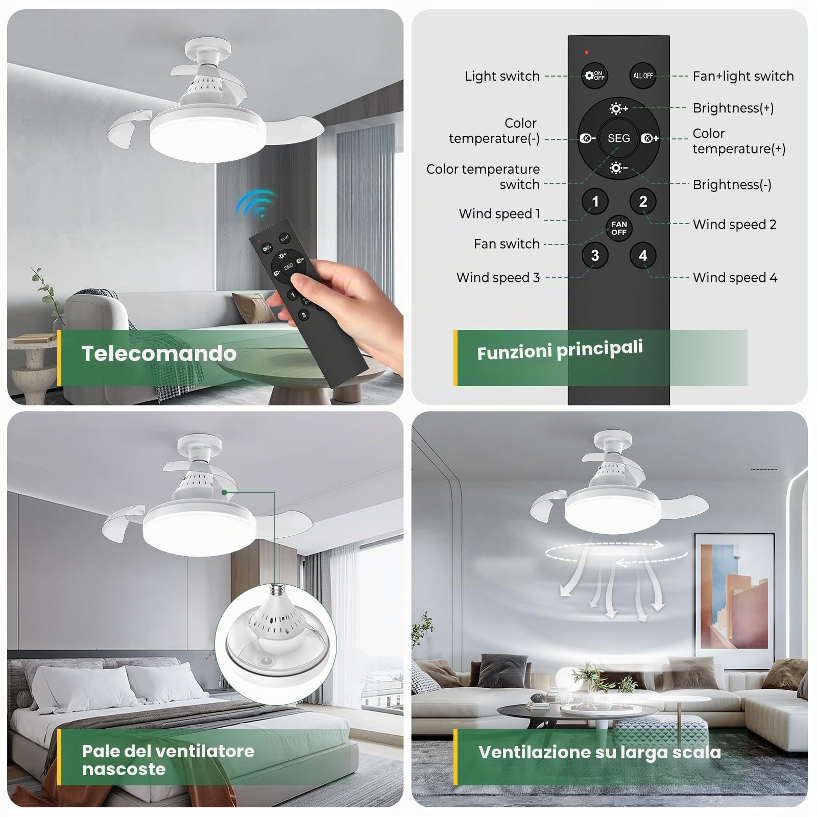 Ventilatore da Soffitto con Luce LED Dimmerabile e Telecomando, Pale Retrattili, 4 Velocità, Attacco E27, Silenzioso Adatto per Soggiorno e Camera da Letto