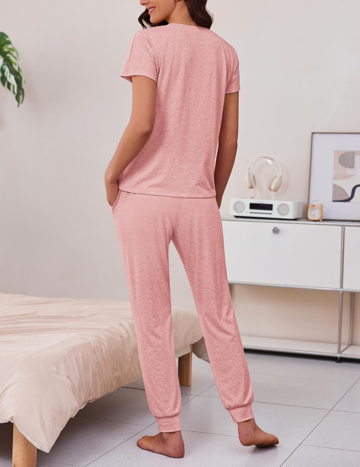Ekouaer 2 pack Pajama Sets for Womens Jogger Pants Pjs Short Sleeves Lounge Set Soft Sleepwear with Pockets - Image 5