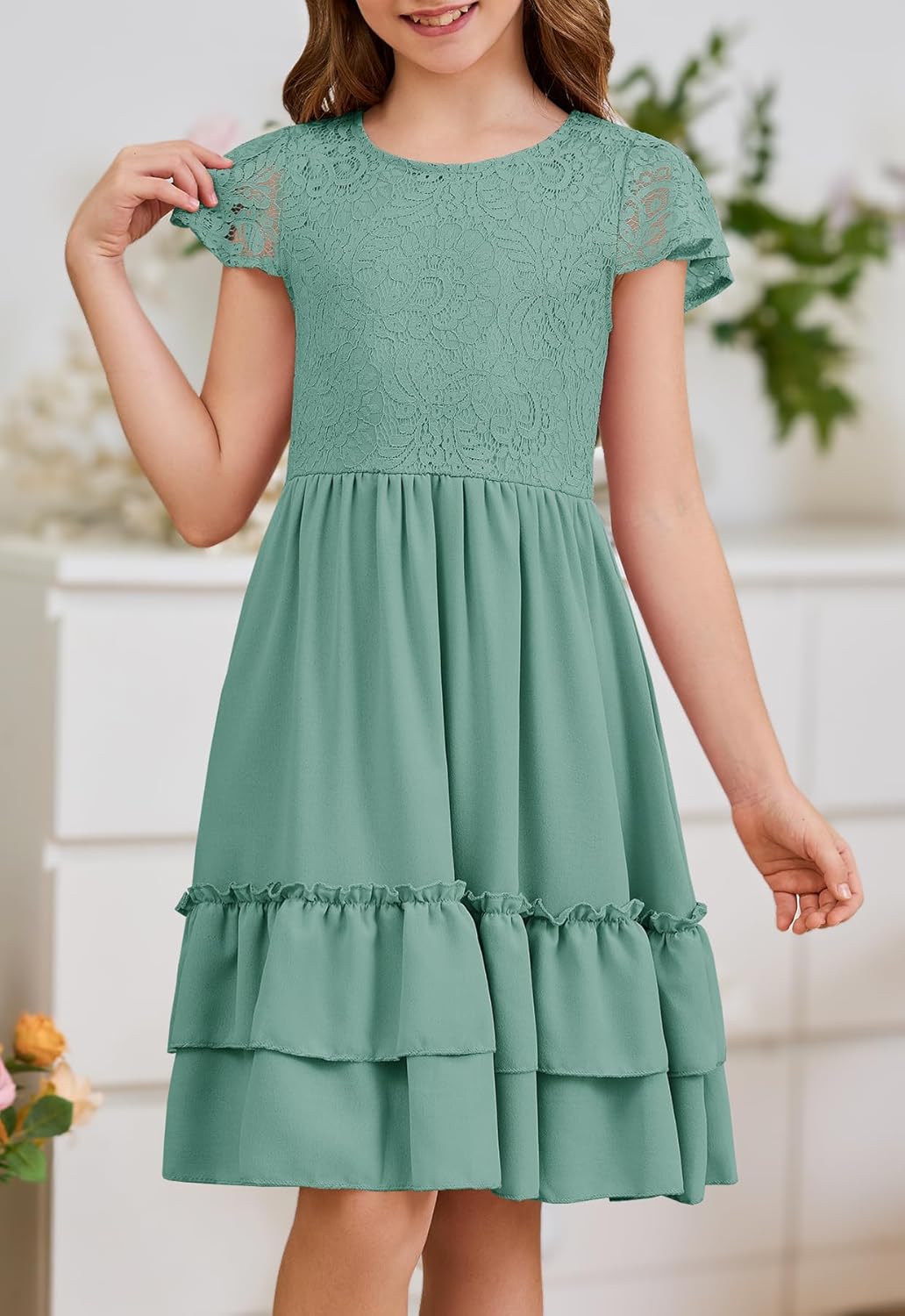 HOSIKA Girls Lace Flower Boho Ruffle Sleeve A-Line Tiered Summer Dress for Wedding Party with Pockets - Image 3