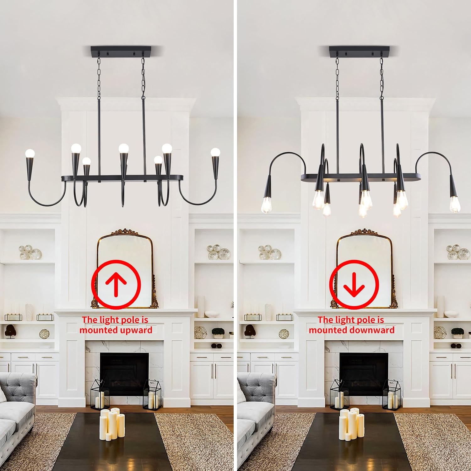 48 Inch Black Industrial Chandelier, 8-Light Linear Farmhouse Dining Room Ceiling Light for Kitchen Island, Adjustable Hanging Chain, E26 Bulb Base (Bulbs Not Included)
