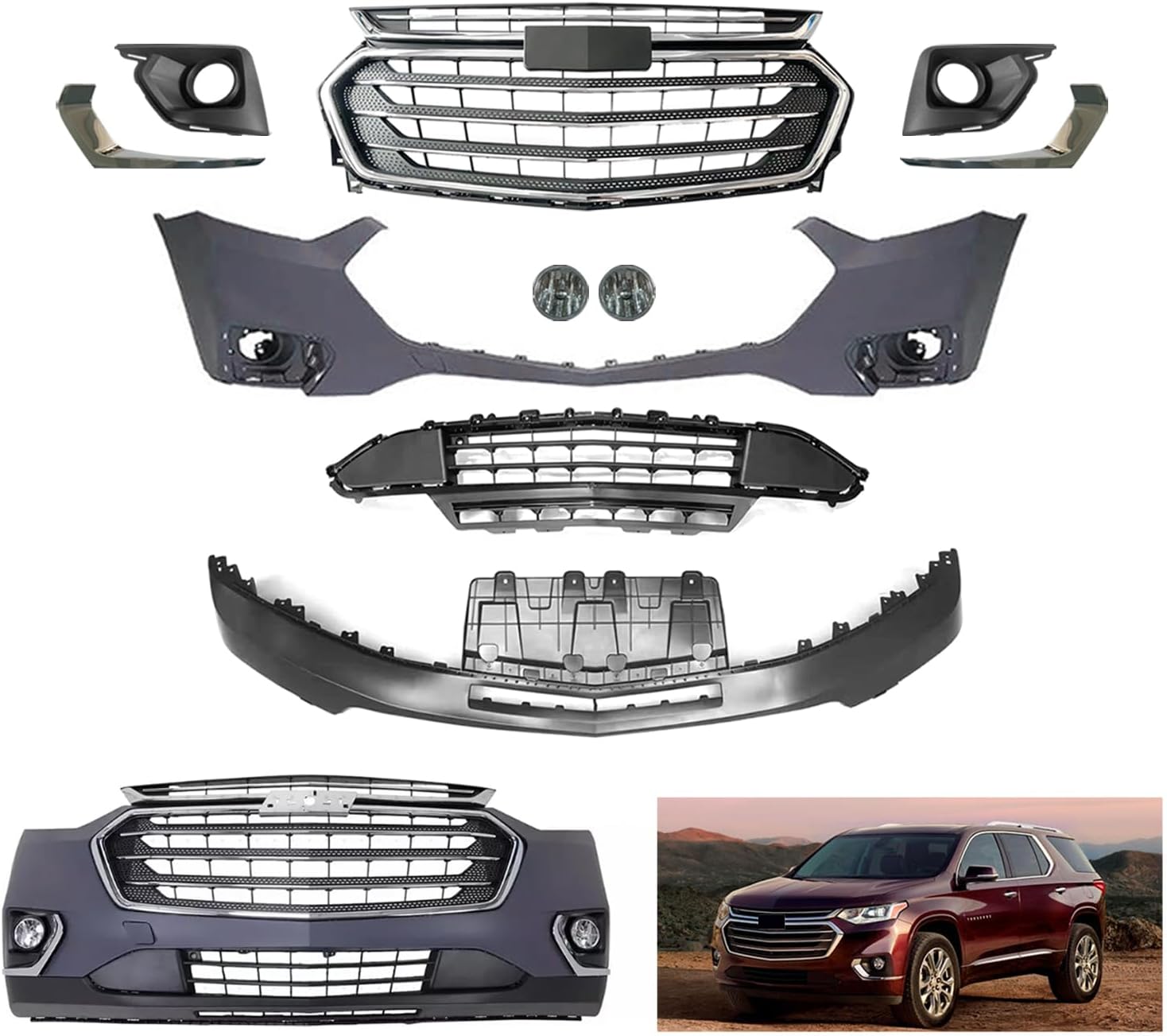 Front Bumper Cover Kit Compatible with 2018 2019 2020 2021 Chevy Traverse High Country,LS,L,LT,Premier,RS,True North Sport Utility 4-Door,W/Upper and Lower Grilles & fog lights