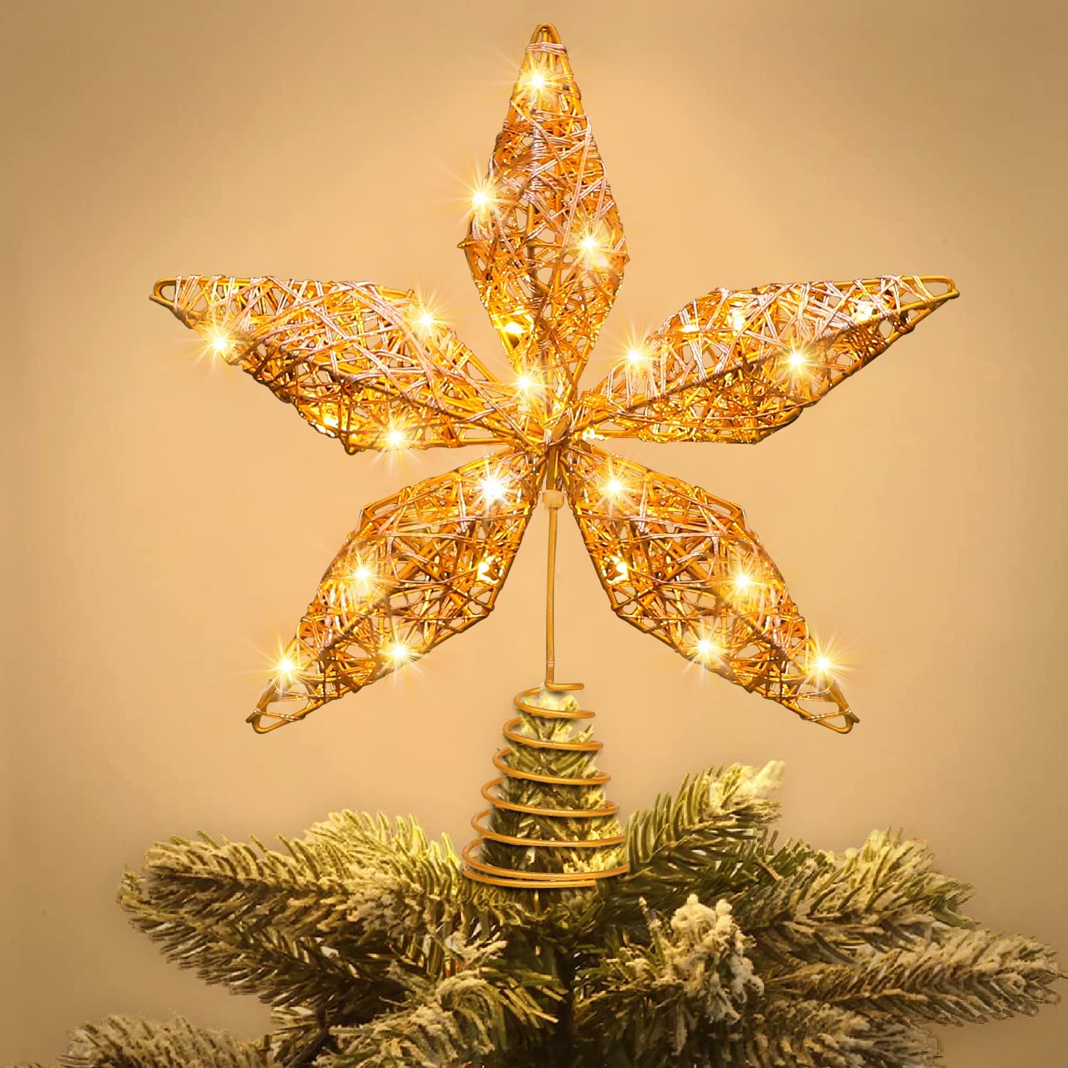 DTYDECLE Christmas Tree Topper Lighted, Rose Gold Star Tree Topper with 20 LED Lights Hollow Glitter Xmas Star Tree Toppers for Christmas New Year Holiday Decorations