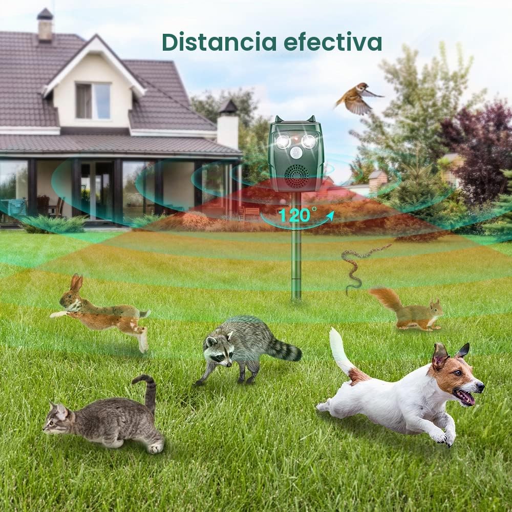 Repelente Gatos, 3 Modos Repelente Solar de Animales Ultrasónico, Repelente Ultrasónico de Topos para Uso al Aire Libre, Ratones, Perroas, Pájaros