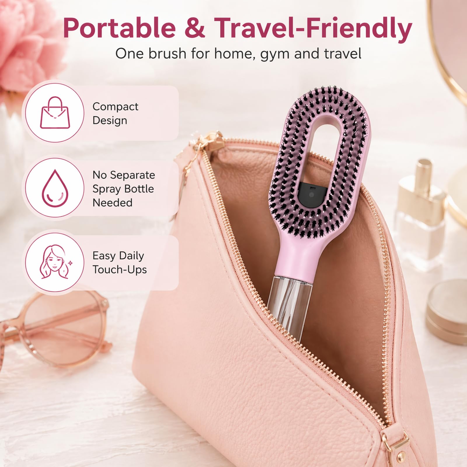 2-in-1 Misting Haarbürste mit eingebautem Wasserspray, entwirrende nasse & trockene Haarbürste für lockiges/dickes Haar & Kinder, feiner Nebel Sprüher, nachfüllbares Reservoir, Anti-Frizz Portable