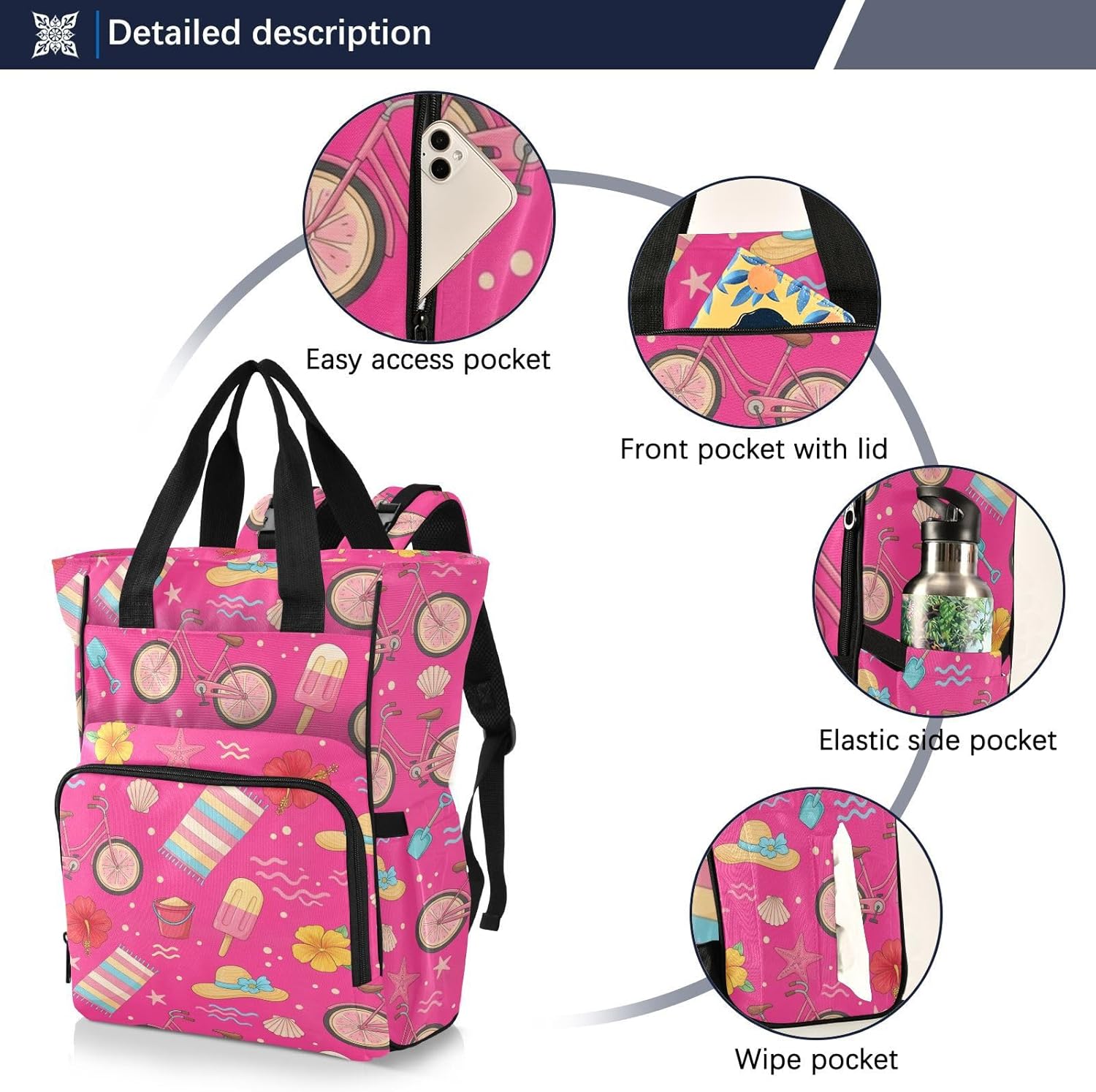 SPRIPORT Tropical Pink Print Diaper Bag Backpack for Baby Boys Girls Multifunction Baby Essentials Travel Tote with Stroller Straps & Bottle Storage Nappy Changing Bag for Traveling Baby Shower