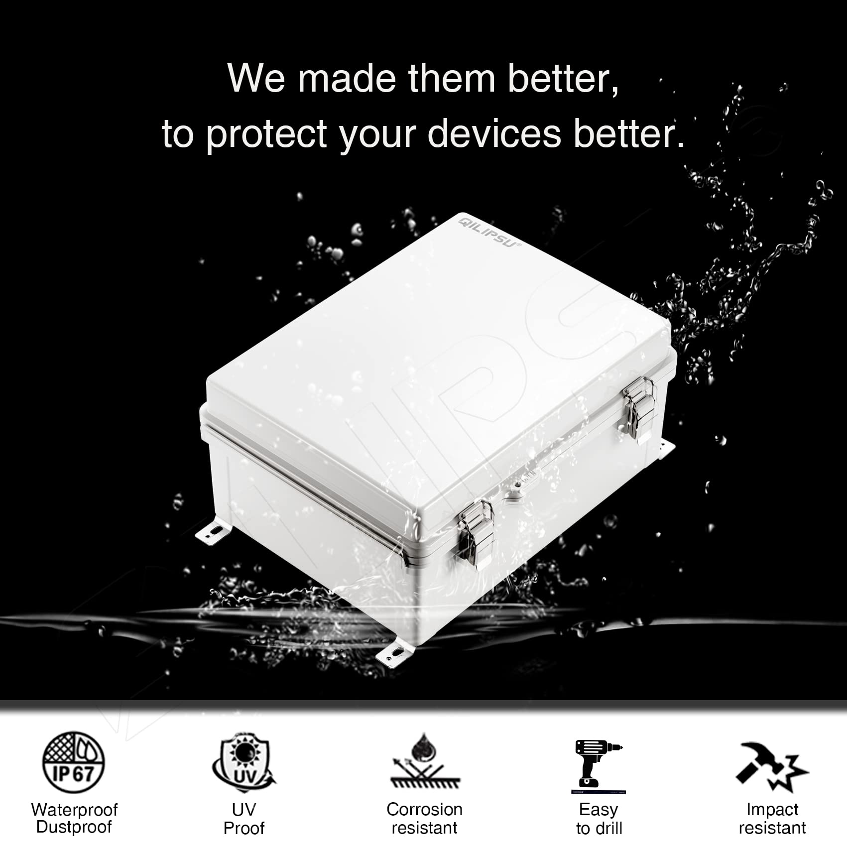 QILIPSU Waterproof Outdoor Junction Box with Inner Door, IP67 ABS Plastic Electrical Enclosure with Mounting Plate, Wall Brackets, Weatherproof Hinged Door for Projects (14.6"x10.6"x5.9" D)