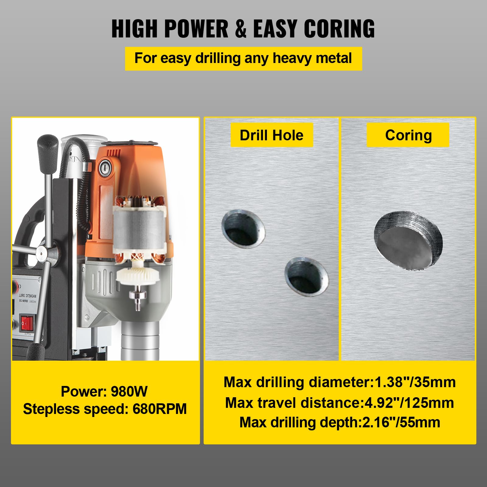 Moh Trapano Elettrico Magnetico BRM35, Motore del Sistema di Perforazione Magnetico ad Alta Potenza 980 W, 220 V, 50 Hz, con comoda maniglia, Usato per Strutture in Acciaio, Costruzioni Navali