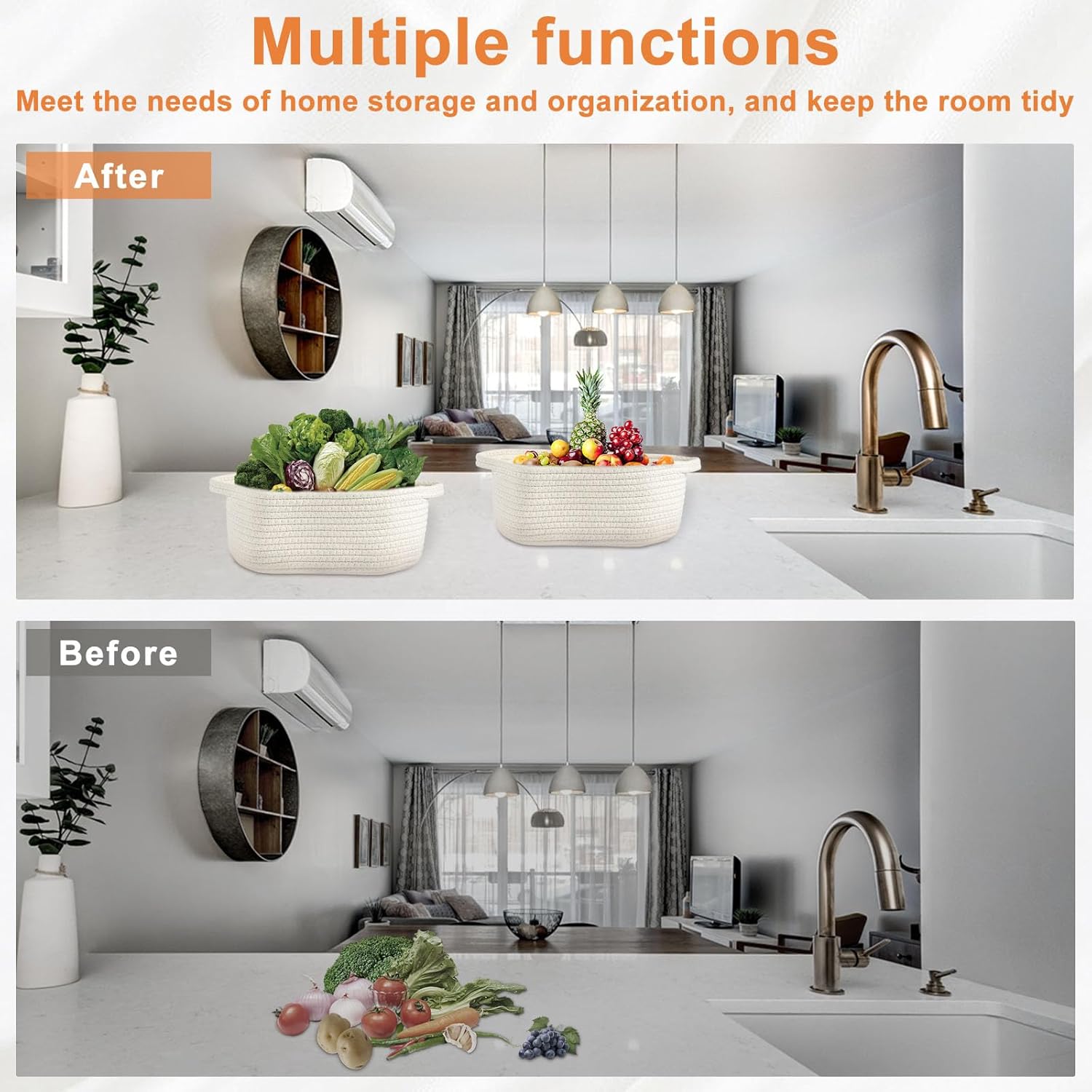 3 Pcs Small Woven Basket with Gift Bags 12"X 8" X 5" Portable Rope Baskets Baby Toy Basket with Handles Soft Woven Basket for Storage