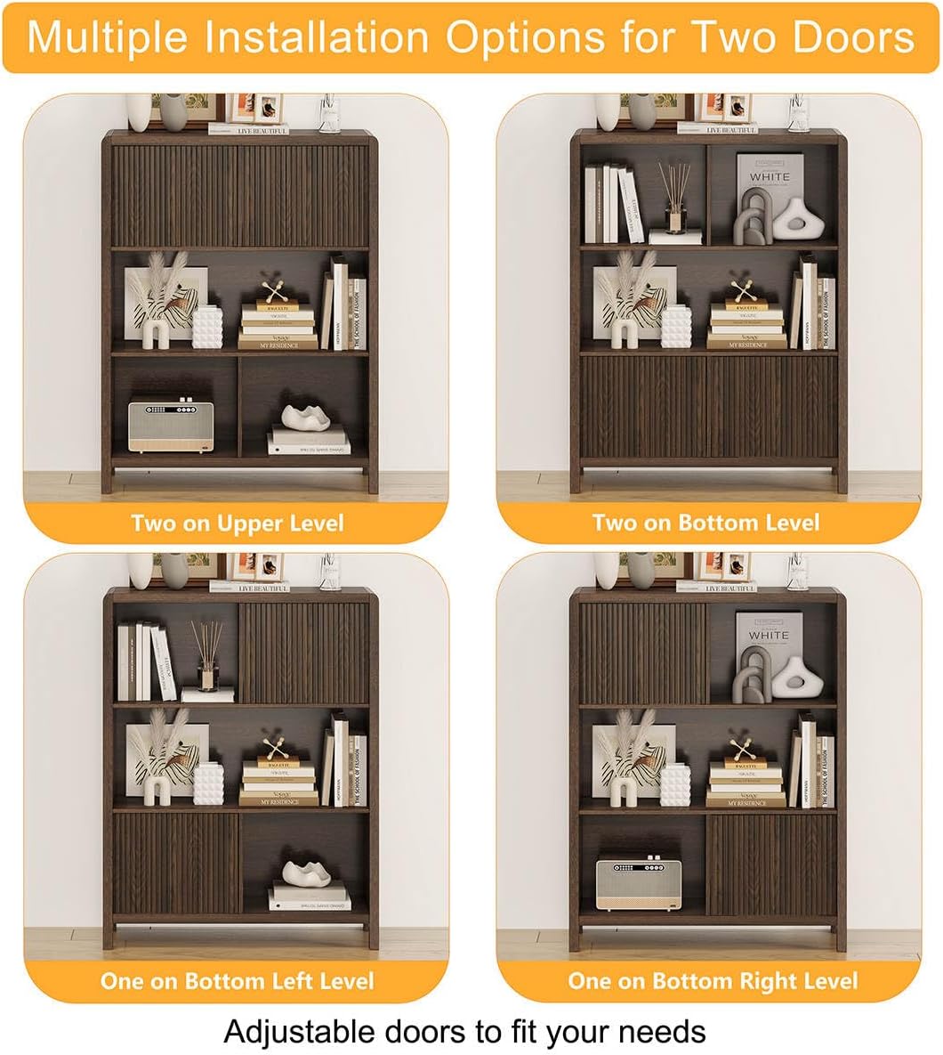 FATORRI Cube Bookshelf with 2 Doors, 4 Tier Wooden Bookcase, 5 Cube Storage Organizer for Home Office (Dark Walnut) - Image 4