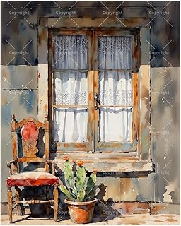 Southwestern Window Paint by Numbers Kit for Adults - DIY Vintage Chair and Cactus Scene Painting on Canvas 16x20In, Acrylic Paint Set, Suitable for Beginners, Art for Home Decoration or Gifts