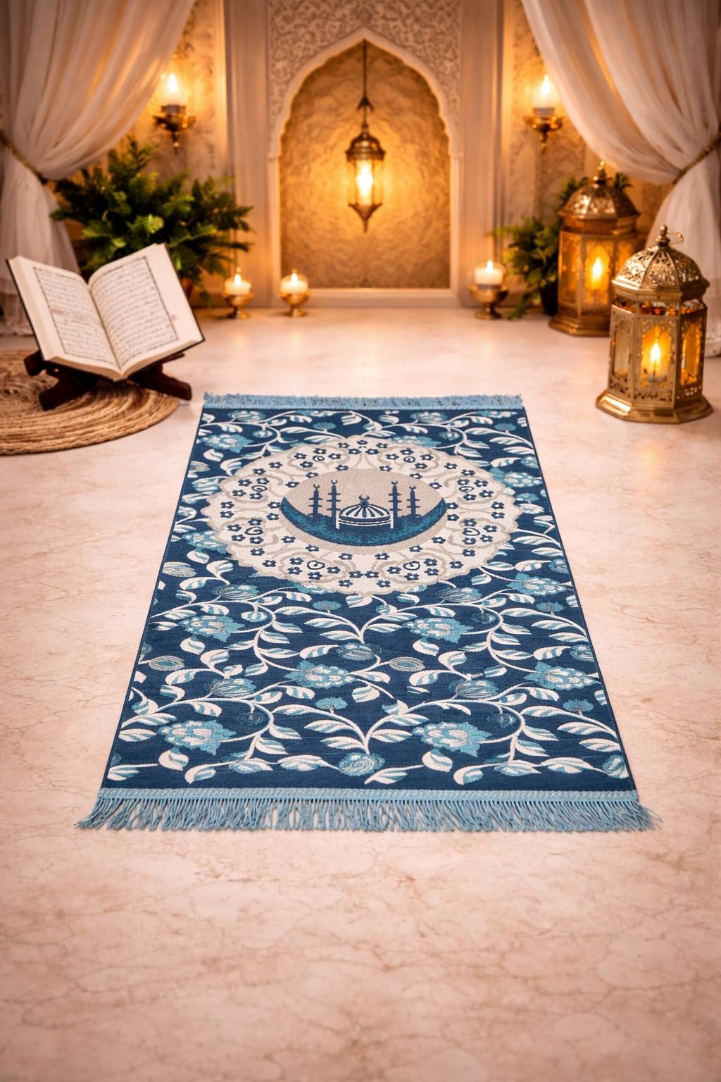 Furnishing Hut Chenille Floral Janamaz Matfor Muslim Prayer Namaz 27X50 inches | Janamaz/Namaz Mat/Ibadat Mat/Masjid Prayer Mat/Sofa Prayer Mat| Reactangular (Aqua)-image-24